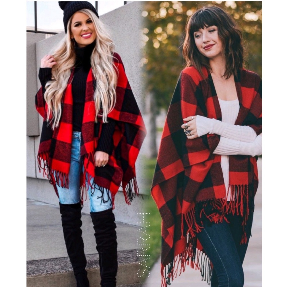 Last 1 New Cozy Soft Chic Plaid Fringe Poncho - Picture 2 of 10
